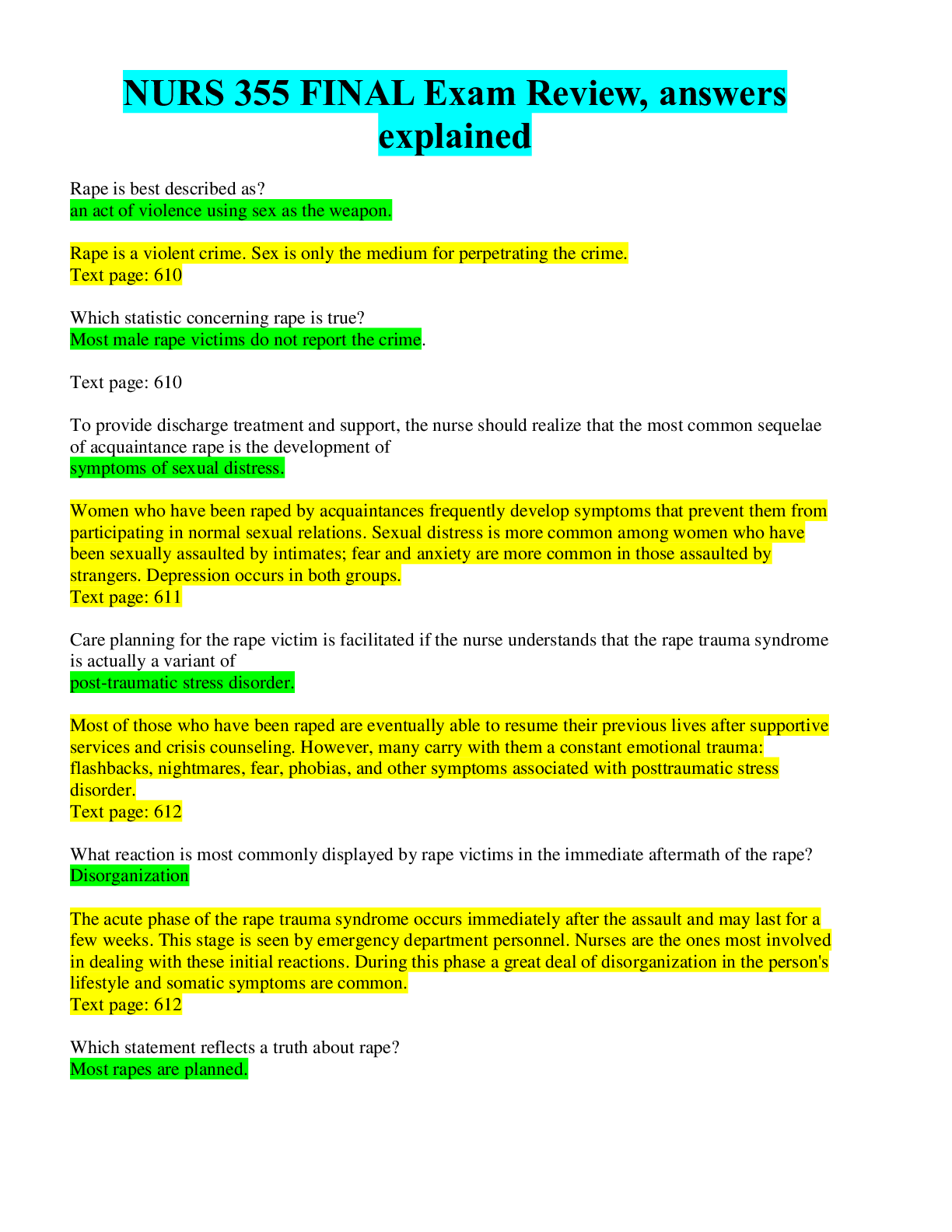 Preview image for NURS 355 FINAL Exam Review, answers explained